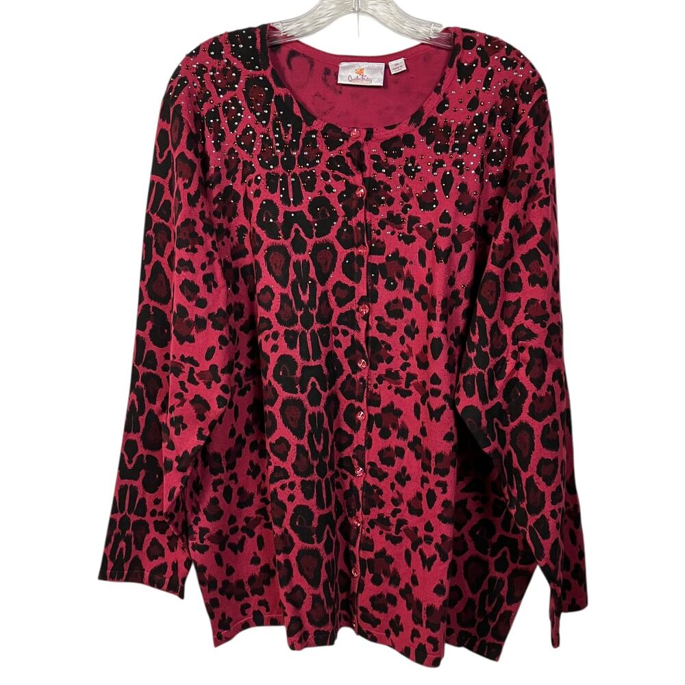 Quacker Factory Cardigan 3X Animal Print Dark Pink Rhinestones Fun Button Down